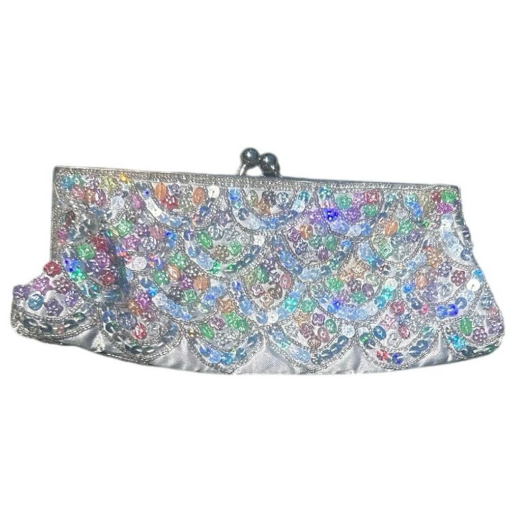 Vintage Silver Beaded Sequin Kiss Lock Evening Clutch Purse